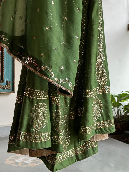 Green Moonga Silk Mukaish Badla Lehenga Set