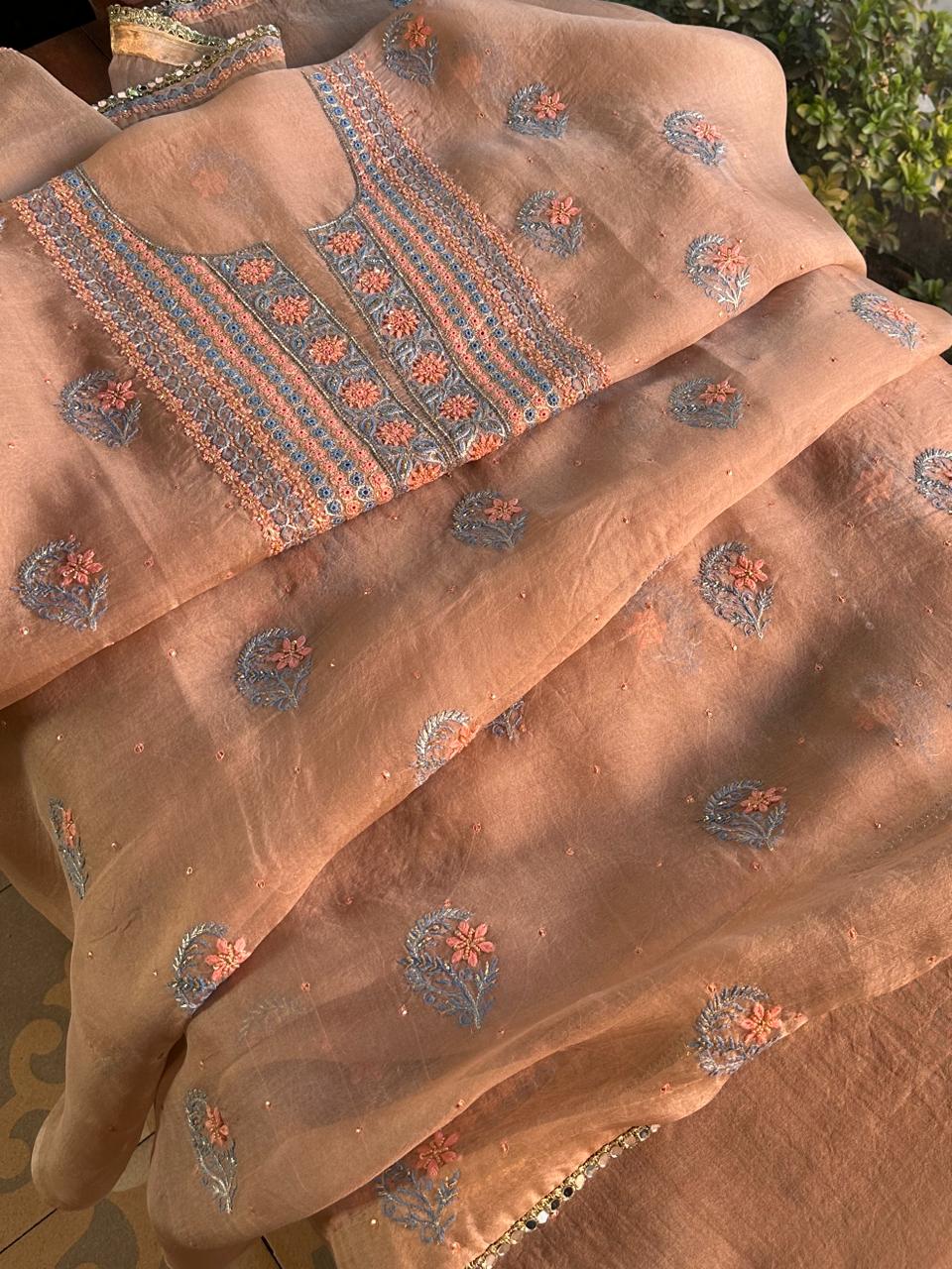 Peach Shade Noor Organza Silk Chikankari Unstitched Kurta Dupatta Set