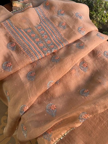 Peach Shade Noor Organza Silk Chikankari Unstitched Kurta Dupatta Set
