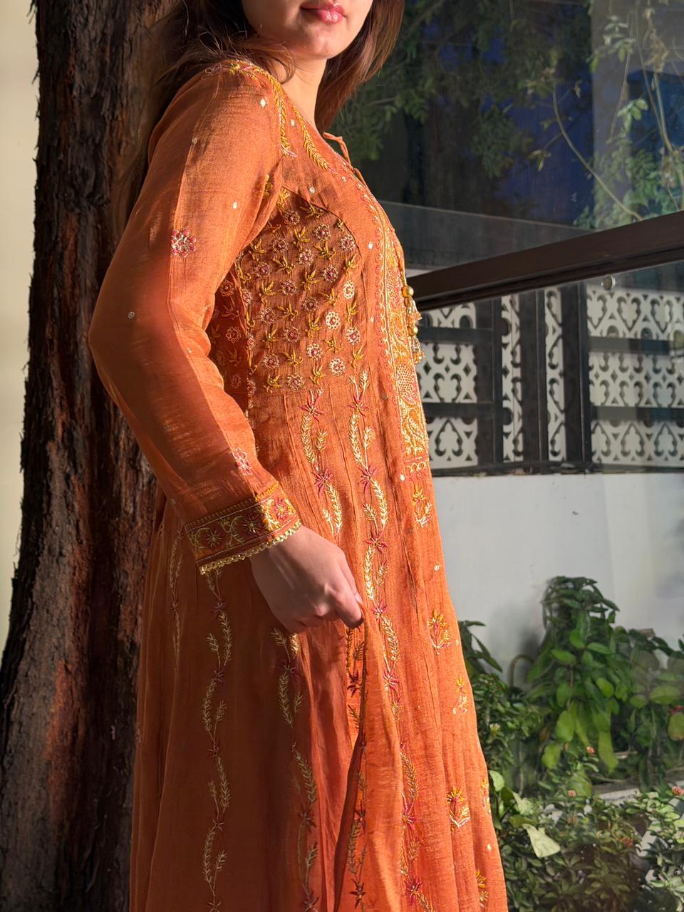 Rust Orange Shade Tissue Silk Chikankari Anarkali With Ari Work