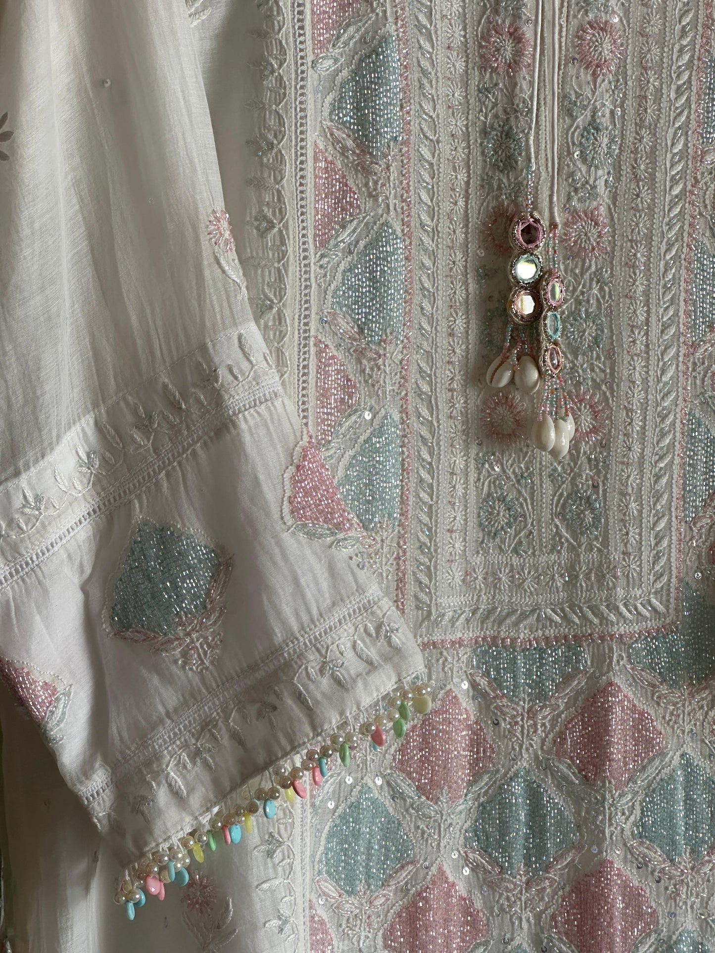 White Multi Shade Mulmul Pearl White Chikankari Ready to Wear Kurta Set