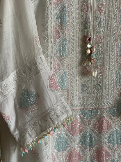 White Multi Shade Mulmul Pearl White Chikankari Ready to Wear Kurta Set
