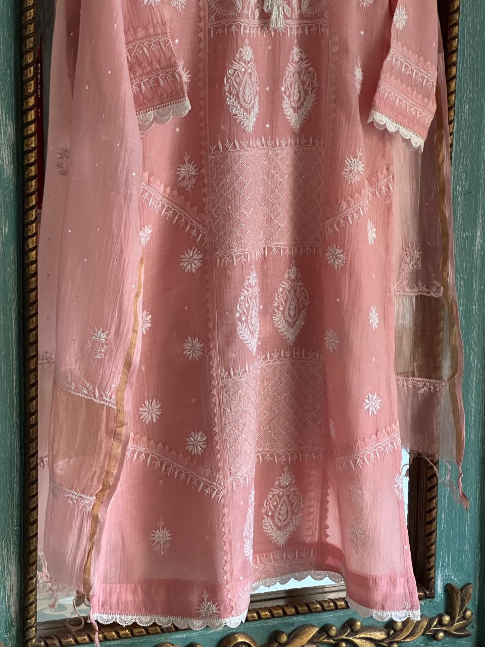 Pastel Peach Shade Malmal Pearl Work Chikankari Kurta With Dupatta