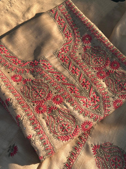 Natural Beige Shade Tussar Silk With Dual Thread Chikankari Fabric