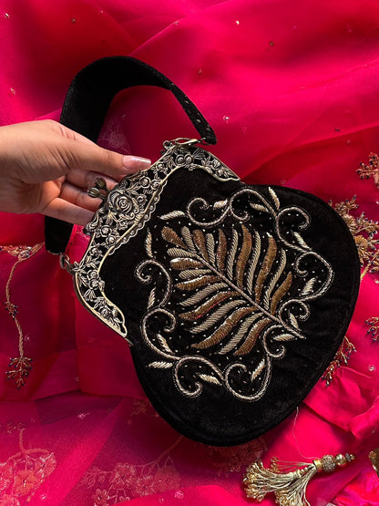 Jet Black Velvet Ari Mukaish Zardosi Sling Bag