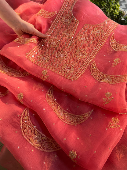 Peach Shade Noor Organza Silk Chikankari Unstitched Fabric