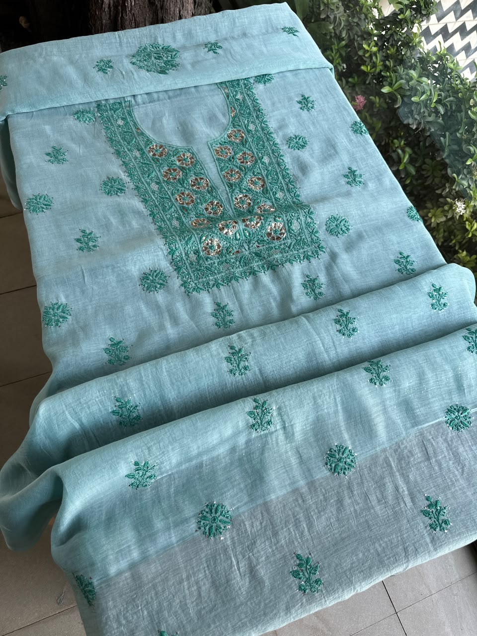 Blue Shade Mal Cotton Chikankari Unstitched Kurta Dupatta Fabric With Mukaish Badla