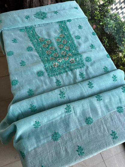 Blue Shade Mal Cotton Chikankari Unstitched Kurta Dupatta Fabric With Mukaish Badla