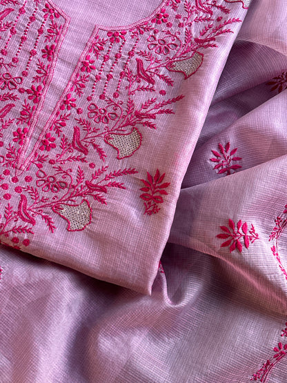 Mauve Pink Shade Kota Chikankari Unstitched Suit Fabric