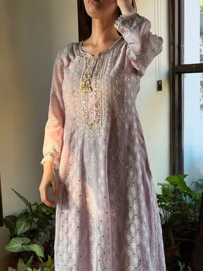 Lavender Mal Chanderi Mukaish Kamdani Chikankari Anarkali