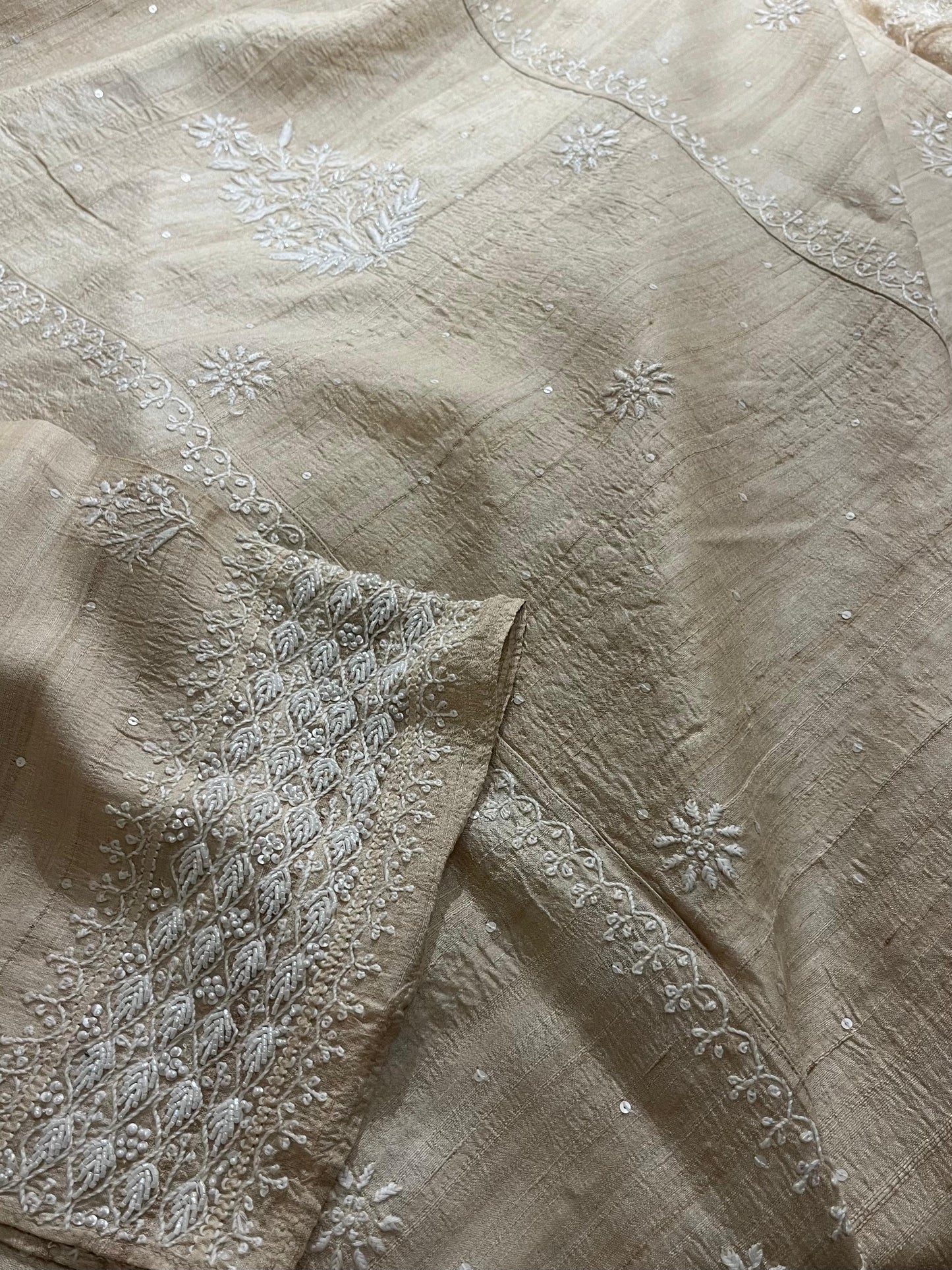 Semi Stitched Natural Tussar Silk Chikankari Kurta Dupatta Set