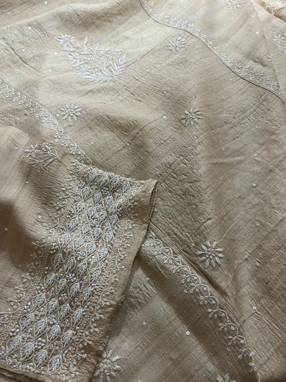 Semi Stitched Natural Tussar Silk Chikankari Kurta Dupatta Set