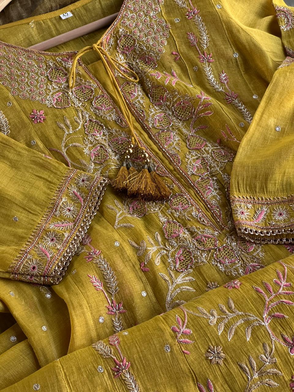 Yellow Shade Tissue Silk Chikankari Anarkali With Ari Work