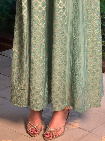 Sea Green Zari Chanderi Chikankari A Line Kurta with Slip