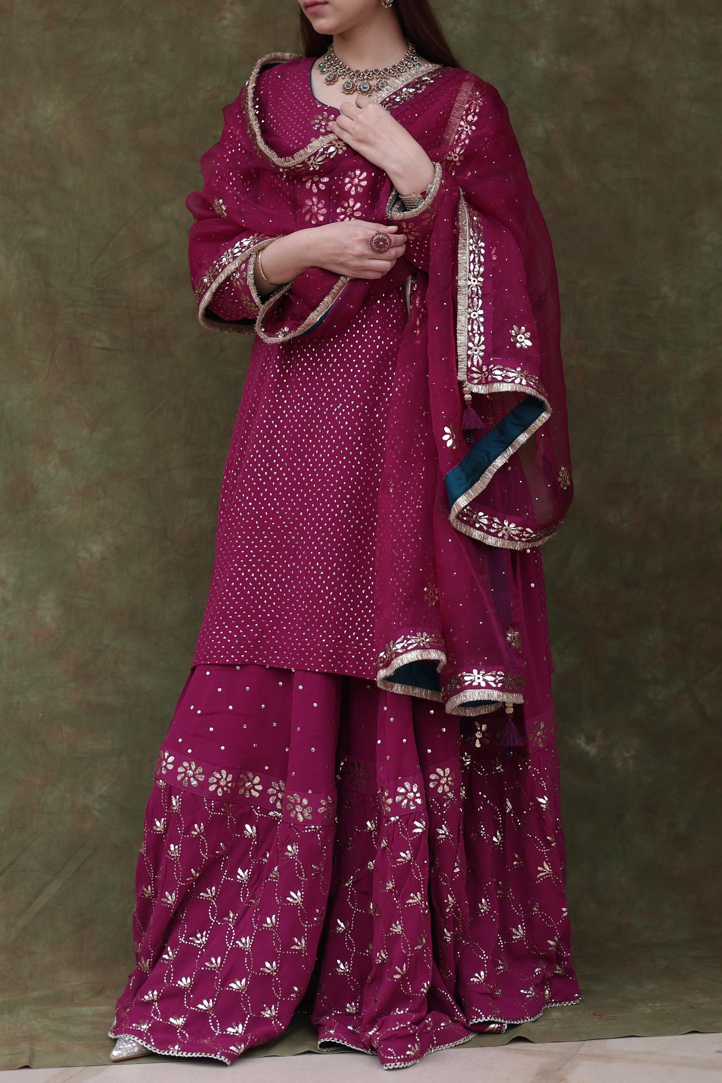 Mukaish Kamdani Plum shade Pure Georgette Kurta Gharara Set with Organza Dupatta