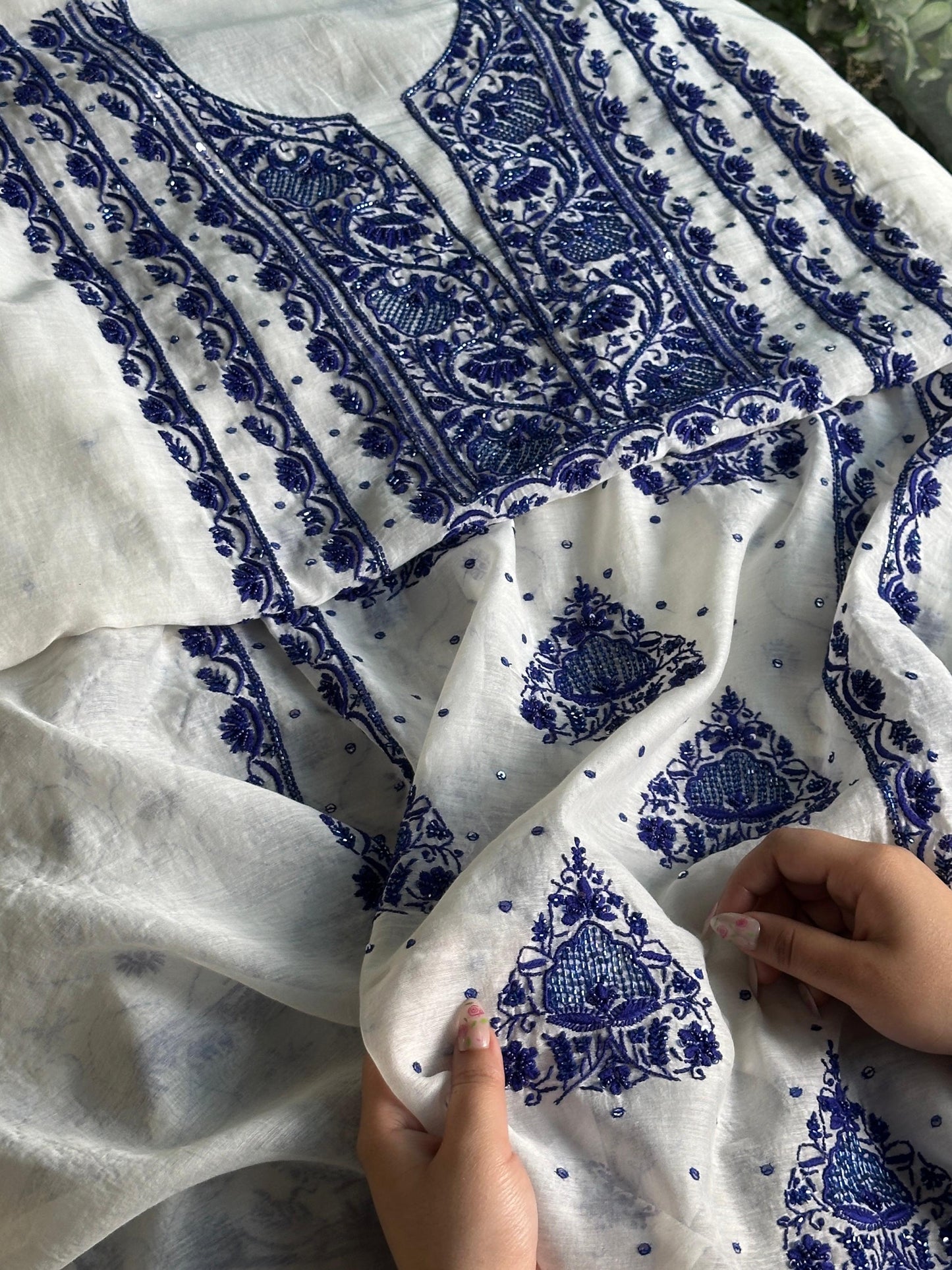 Indigo White Mal Chanderi Silk Chikankari Unstitched Fabric