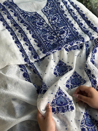 Indigo White Mal Chanderi Silk Chikankari Unstitched Fabric