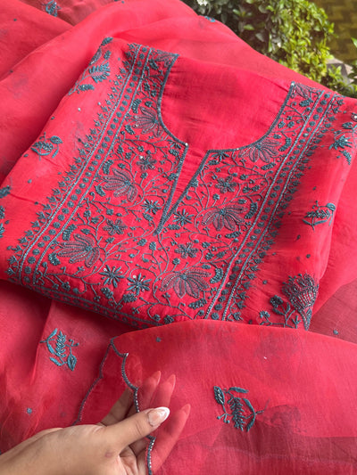 Watermelon Red Shade Noor Organza Silk Chikankari Unstitched Kurta Dupatta Set