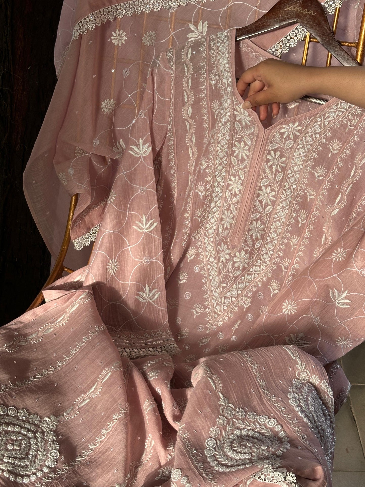 Pink Shade Malmal Pearl Work Chikankari Anarkali