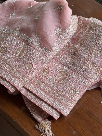 Soft Pink Heavy Organza Chikankari Saree With Blouse