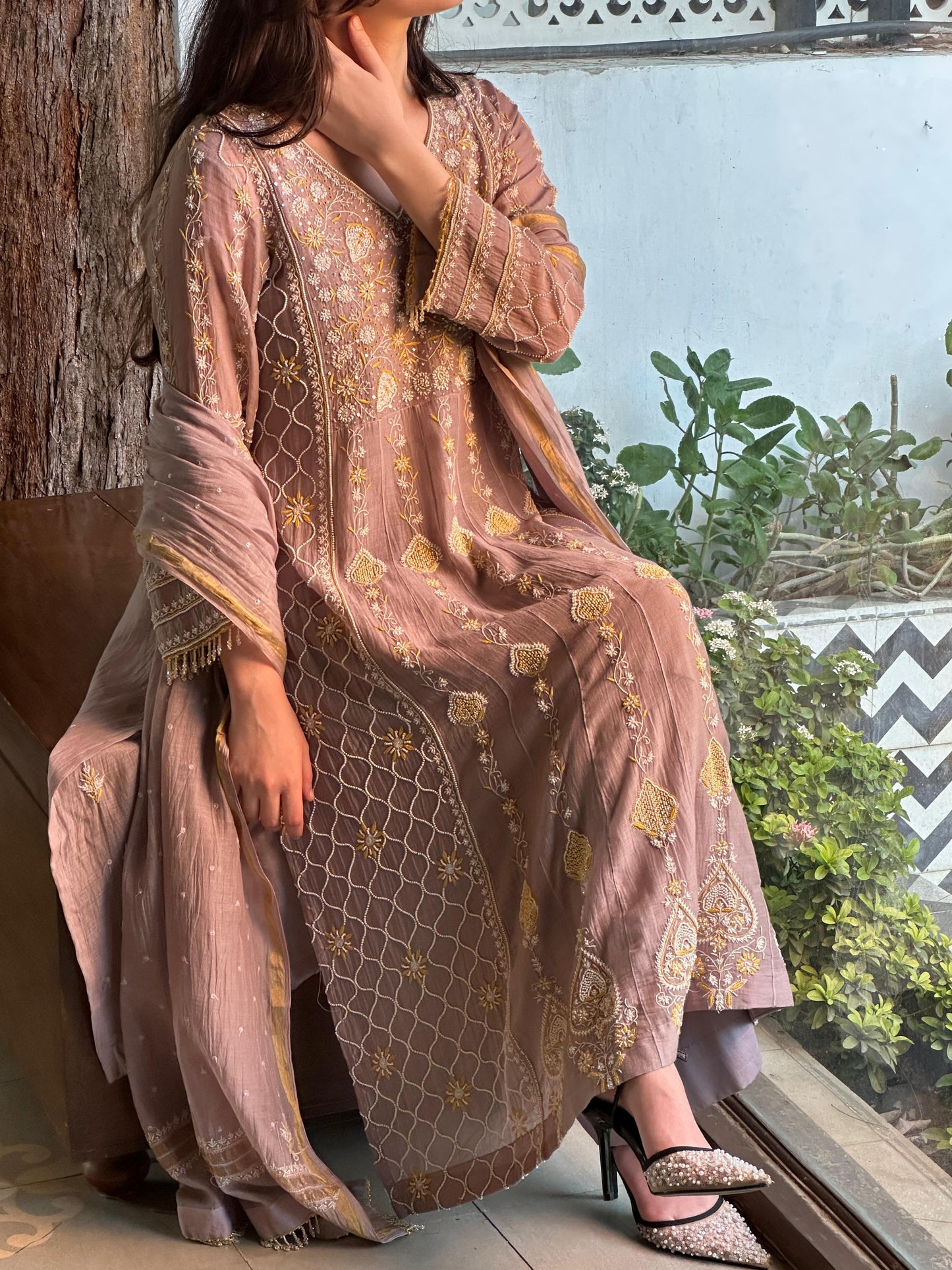Mauve Shade Malmal Pearl Work Chikankari Kalidar Kurta Set