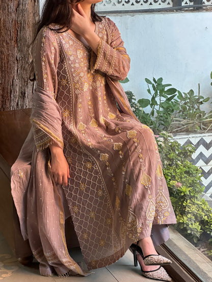 Mauve Shade Malmal Pearl Work Chikankari Kalidar Kurta Set