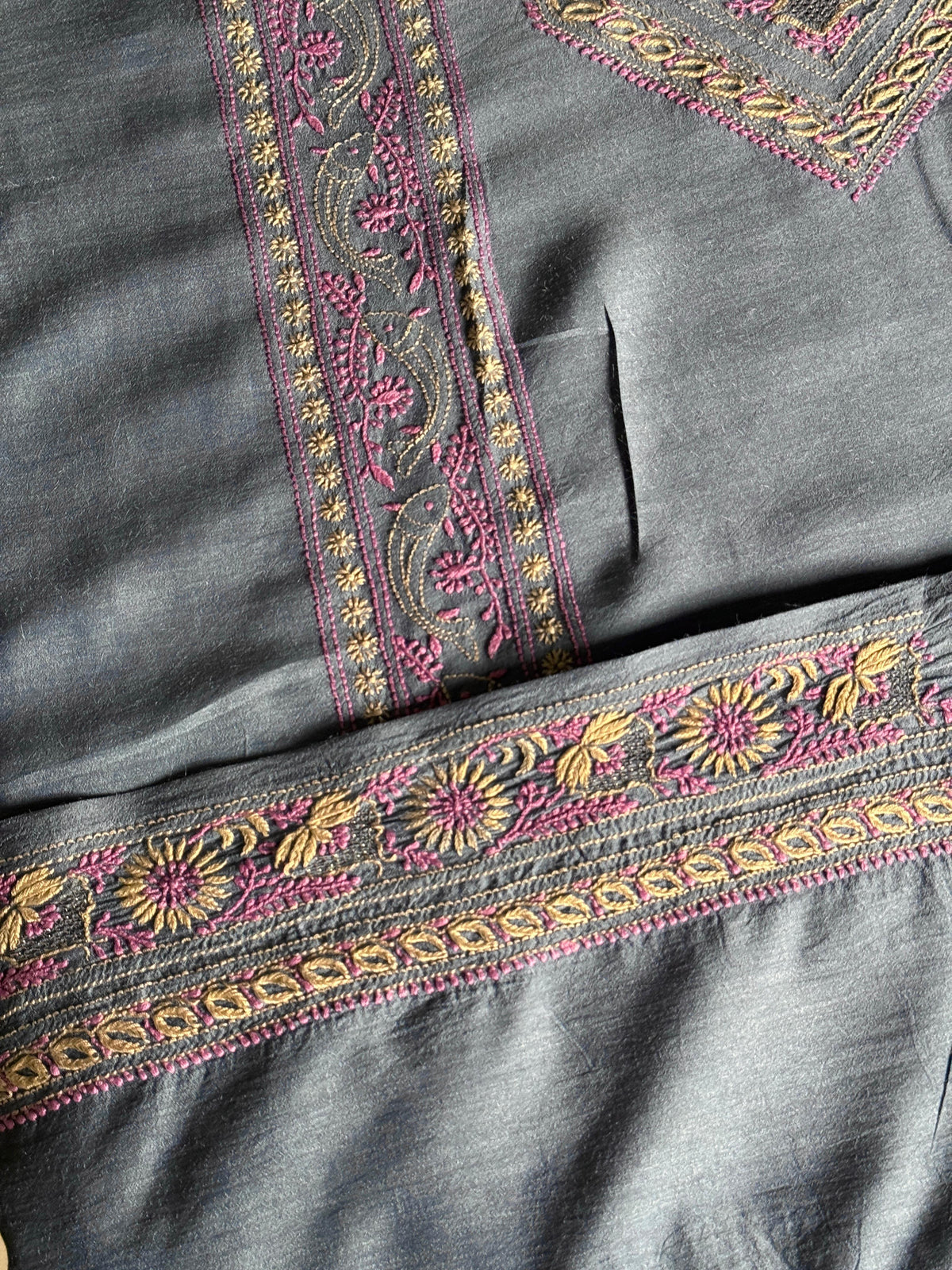 Blue Shade Moonga Silk Chikankari Men’s Kurta Fabric