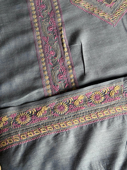 Blue Shade Moonga Silk Chikankari Men’s Kurta Fabric