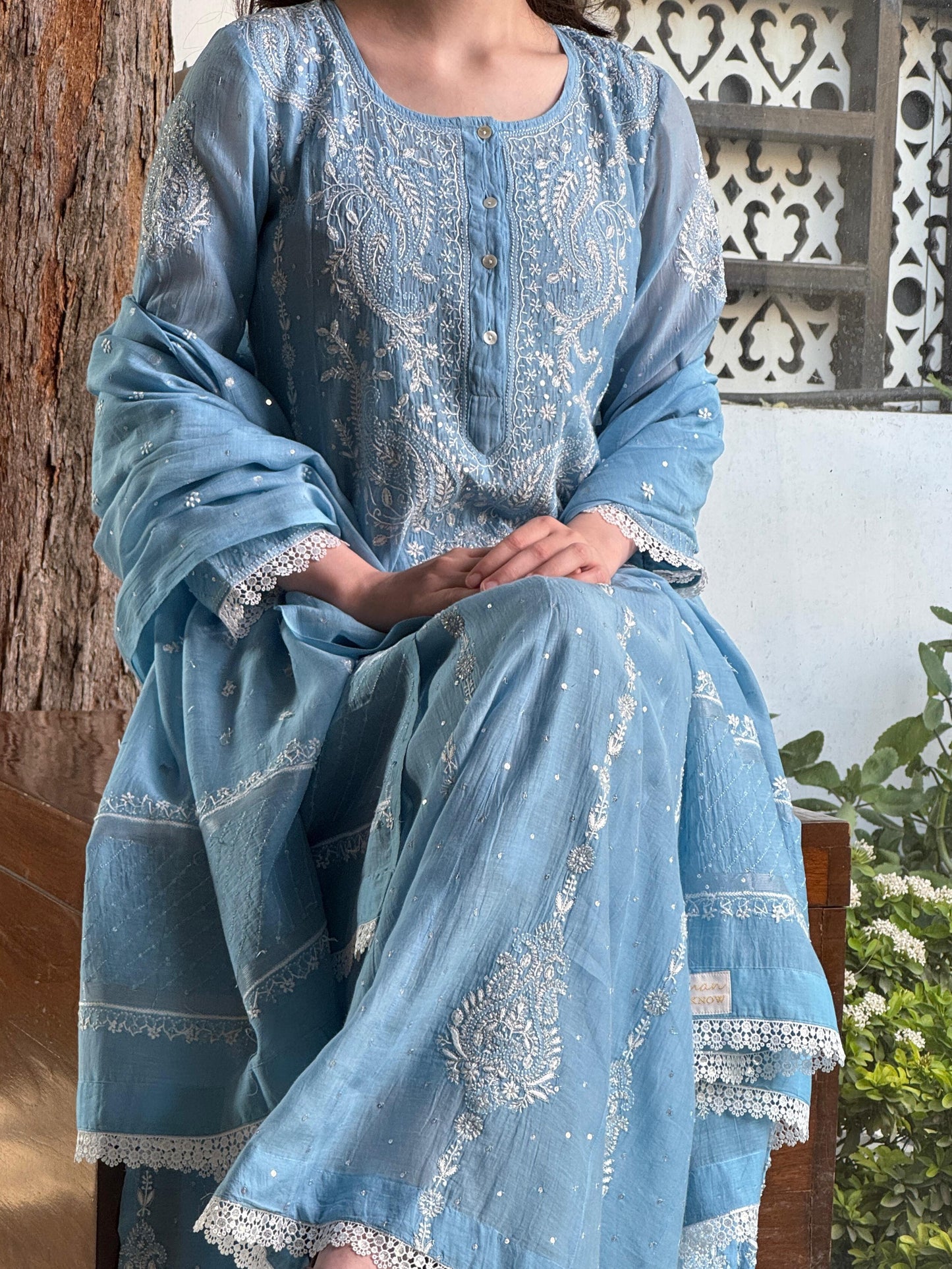 Powder Blue Shade Malmal Pearl Work Chikankari Anarkali