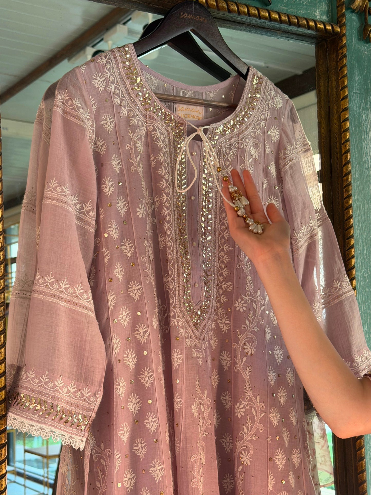 Lavender Mal Chanderi Mukaish Kamdani Chikankari Anarkali