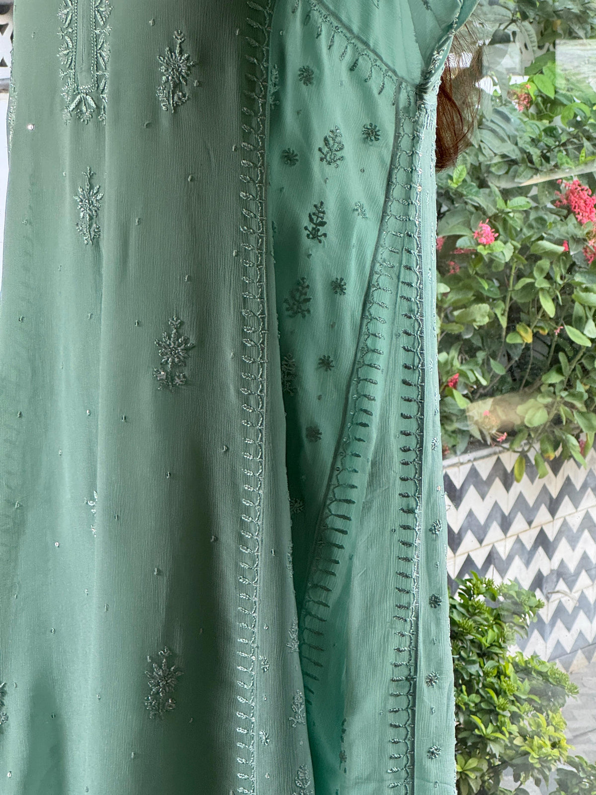 Pastel Sea Green Chiffon Kurta with Afghani Salwar – Fine Chikankari Work
