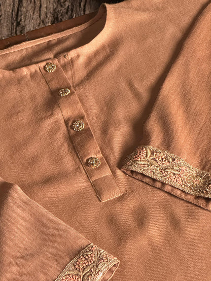 Clay Brown Kashmiri Pashmina Phiran with Handcrafted Ari & Chikankari Embroidery