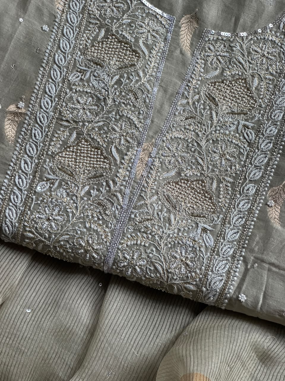 Grey Shade Banarasi Zari Chanderi Unstitched Chikankari Fabric