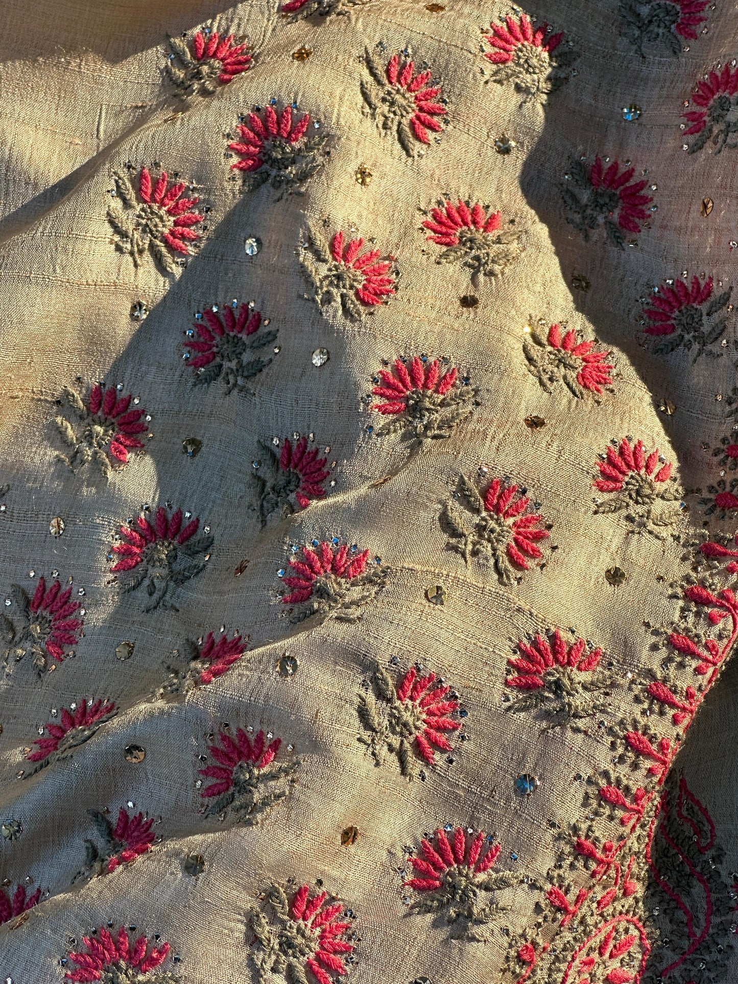Natural Beige Shade Tussar Silk With Dual Thread Chikankari Fabric