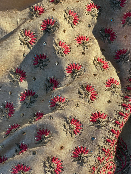 Natural Beige Shade Tussar Silk With Dual Thread Chikankari Fabric