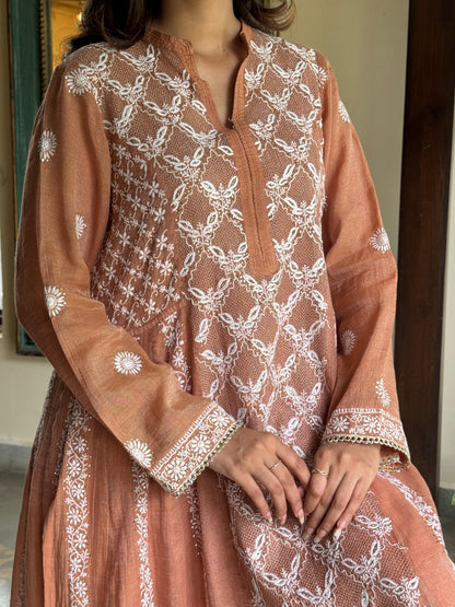 Coral Peach Shade Tissue Silk Chikankari Work Kalidar Kurta Dupatta Set