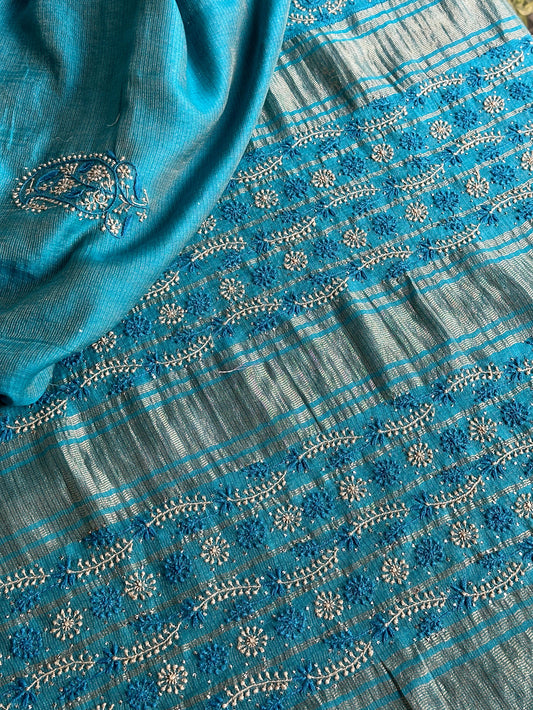 Blue Shade Chanderi Chikankari Saree