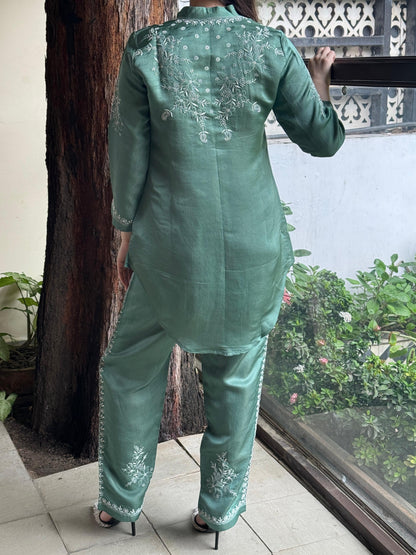 Slate Green Satin Shimmer Chikankari Co-Ord Set