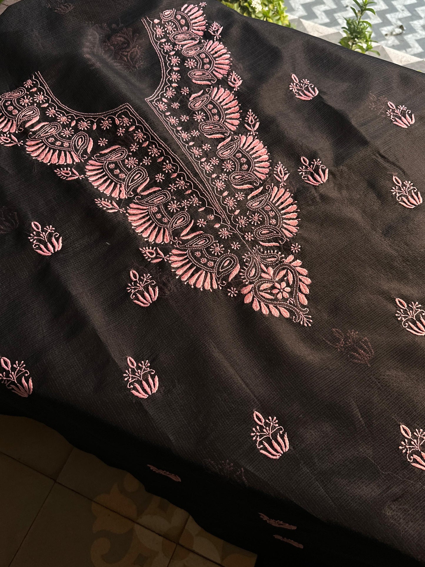 Black & Pink Kota Chikankari Unstitched Fabric