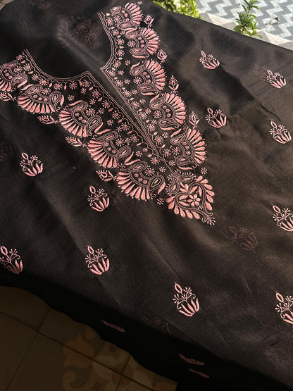 Black & Pink Kota Chikankari Unstitched Fabric