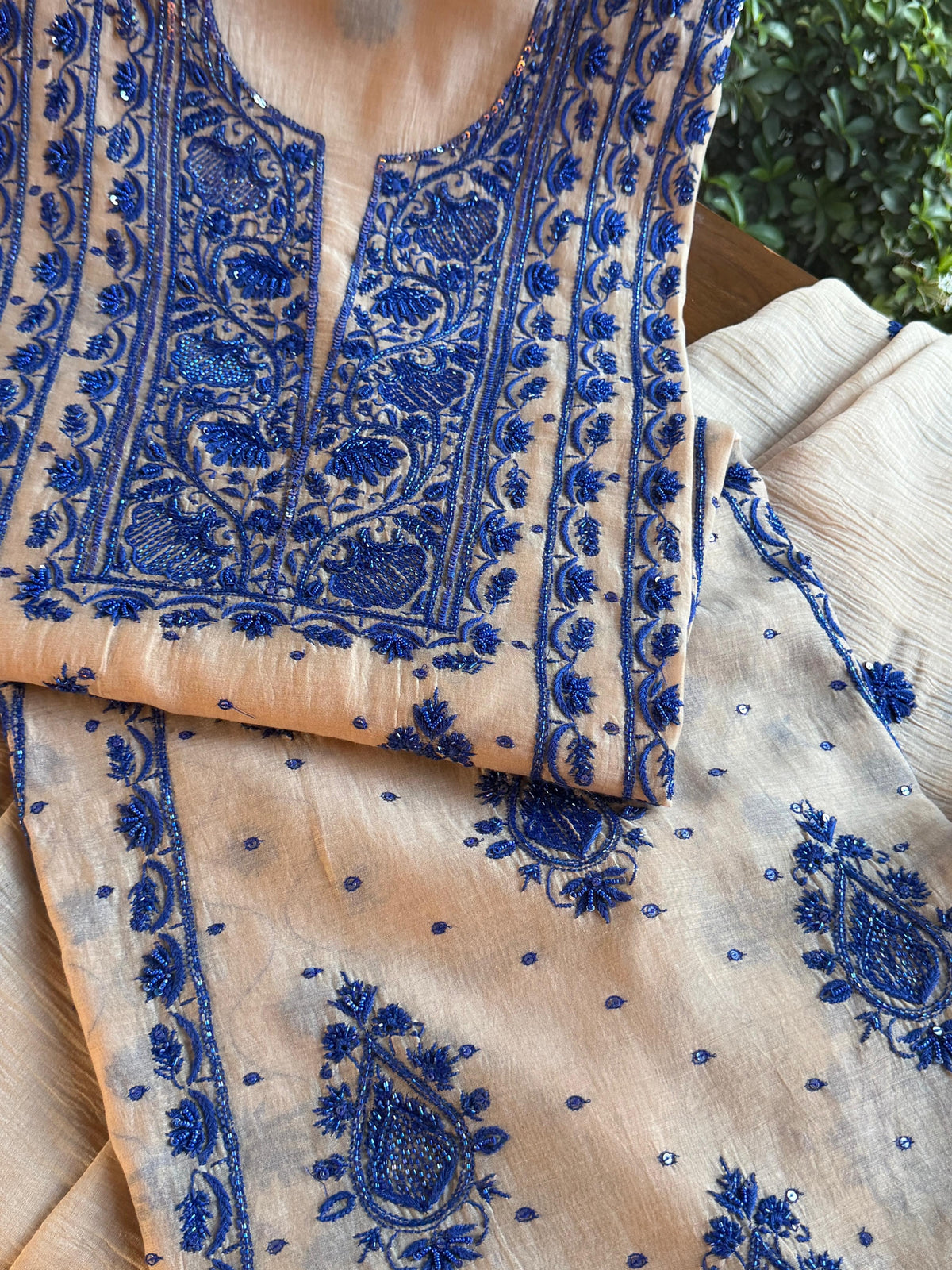 Beige & Blue Mal Chanderi Silk Chikankari With Sequins Unstitched Kurta Dupatta Set
