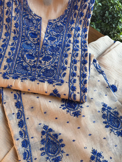 Beige & Blue Mal Chanderi Silk Chikankari With Sequins Unstitched Kurta Dupatta Set