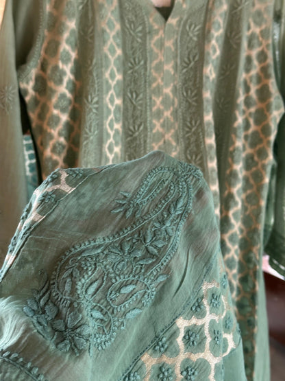 Green Zari Chanderi Chikankari A Line Kurta with Slip