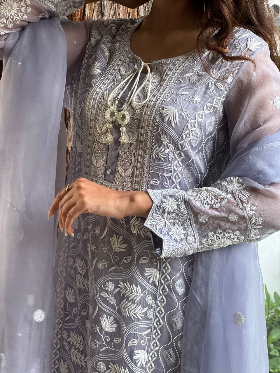 Mauve Blue Shade Cutwork Noor Organza Chikankari Anarkali