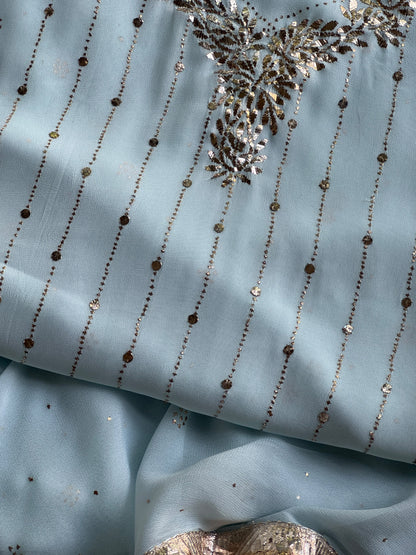 Powder Blue Mukaish Badla Pure Georgette Kurta Set