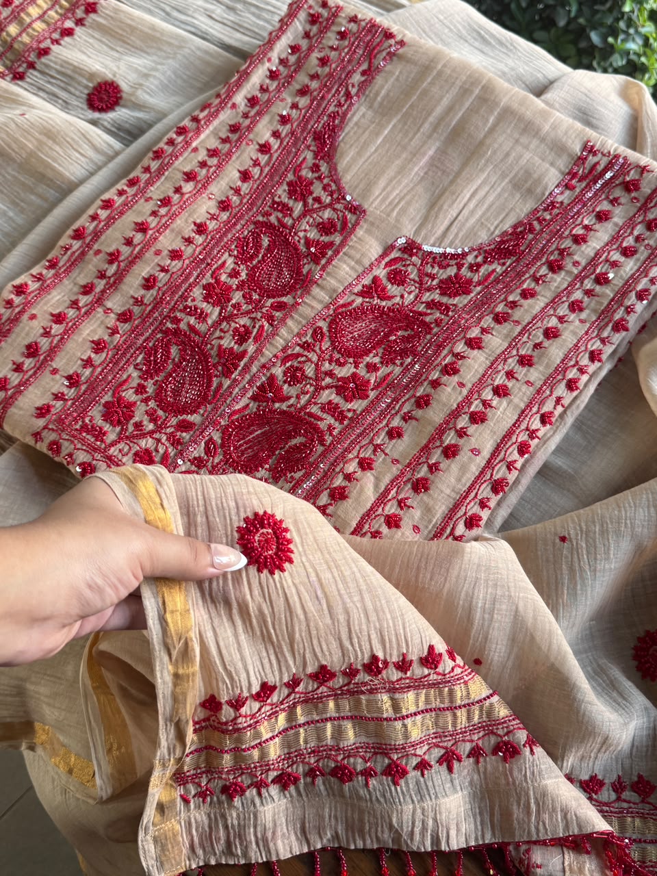 Beige & Red Mal Chanderi Silk Chikankari With Sequins Unstitched Kurta Dupatta Set