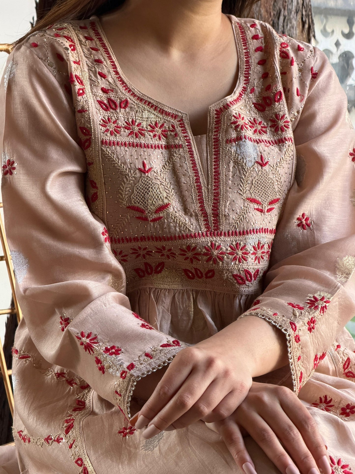 Almond Pink Zari Chanderi Chikankari Ready to Wear Tunics