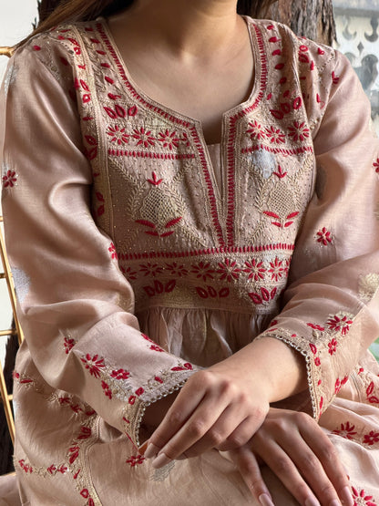Almond Pink Zari Chanderi Chikankari Ready to Wear Tunics