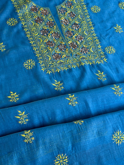 Blue & Green Shade Mal Cotton Chikankari Unstitched Kurta Dupatta Fabric With Mukaish Badla
