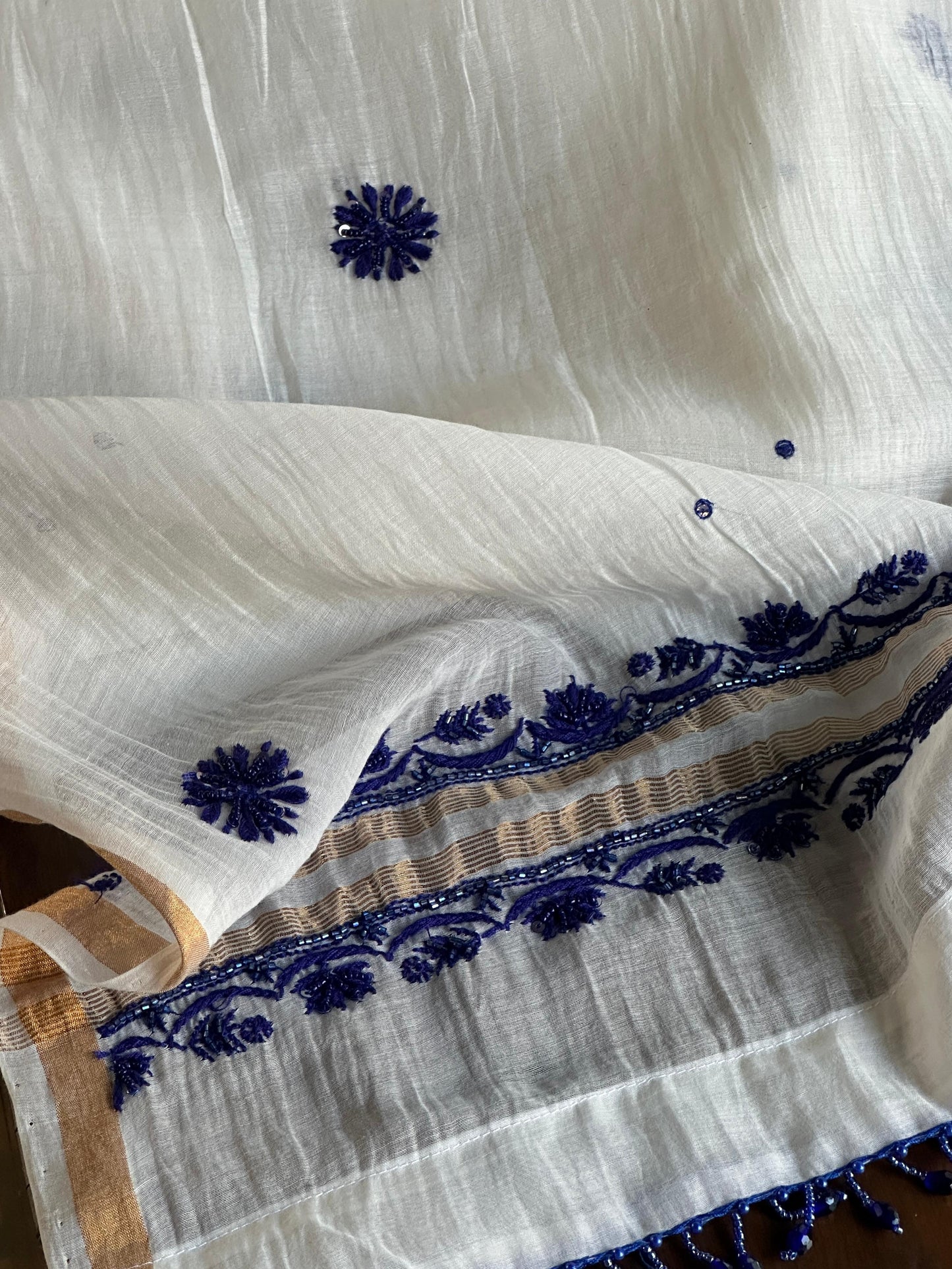 Indigo White Mal Chanderi Silk Chikankari Unstitched Fabric